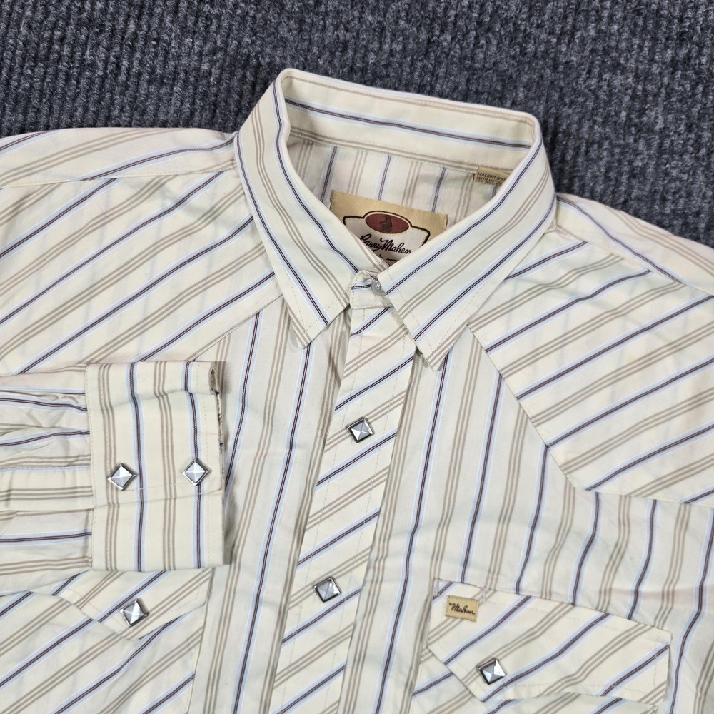 Larry Mahan Shirt Mens Large White Stripe Snap Western Button-Up LS Studded